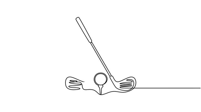Self drawing animation of continuous line golf club and ball. Animated self animation Golf stick line continuous drawing, Full length animated,  minimalist and elegant icon representing popular sport.