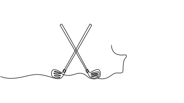 Self drawing animation of continuous line golf club and ball. Animated self animation Golf stick line continuous drawing, Full length animated,  minimalist and elegant icon representing popular sport.