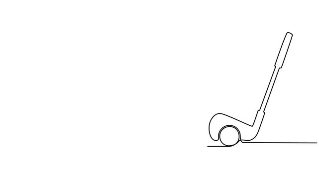 Self drawing animation of continuous line golf club and ball. Animated self animation Golf stick line continuous drawing, Full length animated,  minimalist and elegant icon representing popular sport.