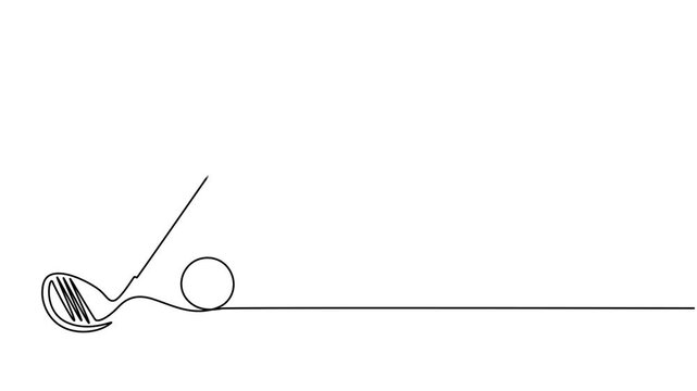 Self drawing animation of continuous line golf club and ball. Animated self animation Golf stick line continuous drawing, Full length animated,  minimalist and elegant icon representing popular sport.