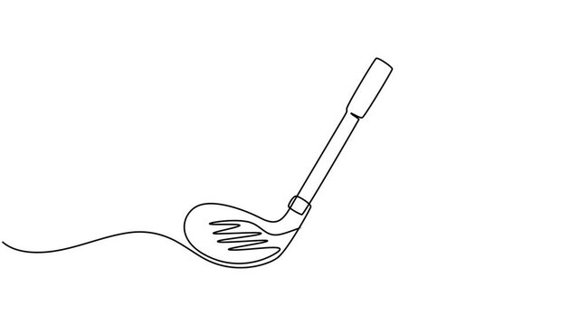 Self drawing animation of continuous line golf club and ball. Animated self animation Golf stick line continuous drawing, Full length animated,  minimalist and elegant icon representing popular sport.