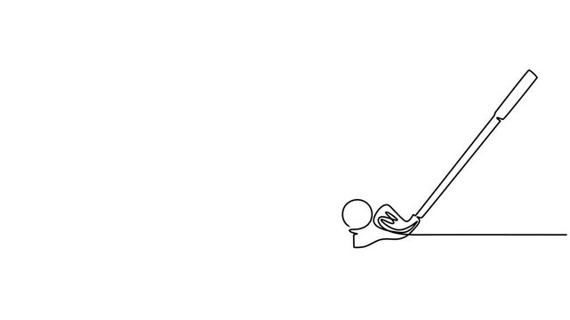 Self drawing animation of continuous line golf club and ball. Animated self animation Golf stick line continuous drawing, Full length animated,  minimalist and elegant icon representing popular sport.