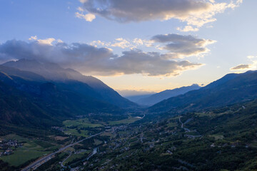 Mountain landscape of Aosta Valley at sunset - Saint-Denis, Italy