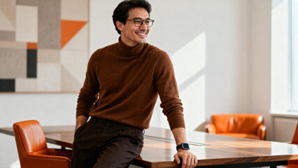 Man in brown sweater sitting at table