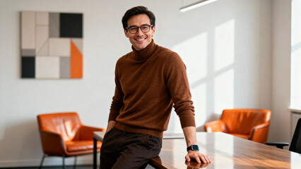 Man in brown sweater posing in office