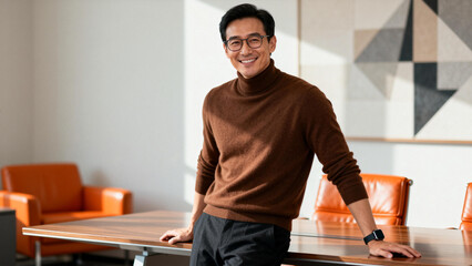 Man in brown sweater leaning on table