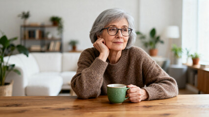 Elderly woman holding cup in cozy room