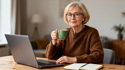 Elderly woman working on laptop with coffee