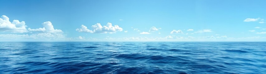 Fototapeta premium Wide panoramic view of calm ocean and expansive blue sky with soft clouds. Peaceful natural seascape background ideal for travel, wellness, nature, and copy space designs