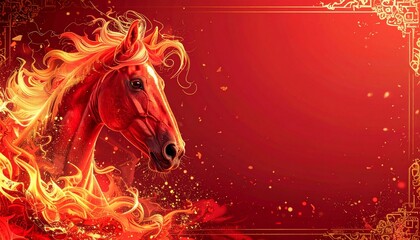 A powerful, fiery horse emerging dynamically with a glowing mane and sparks in a dramatic digital illustration style, set against an intense red background, framed by ornate golden borders.