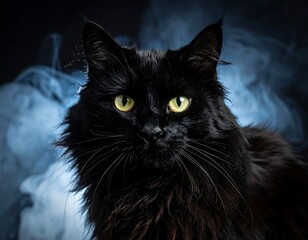 Black feline gazing intently with yellow eyes, smoky background