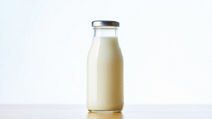 Glass bottle of milk with silver cap on white background with reflection
