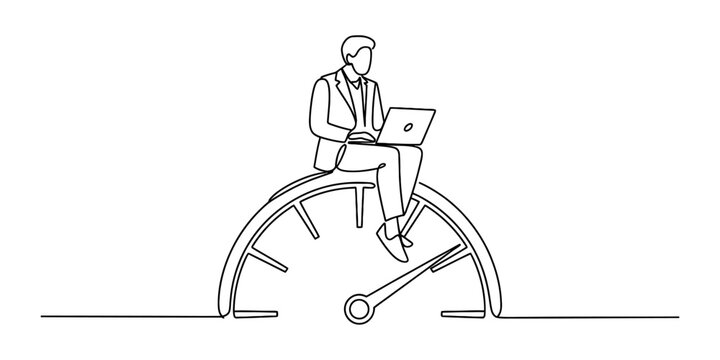 Continuous line drawing of a businessman sitting on a speedometer with a laptop Vector, illustration