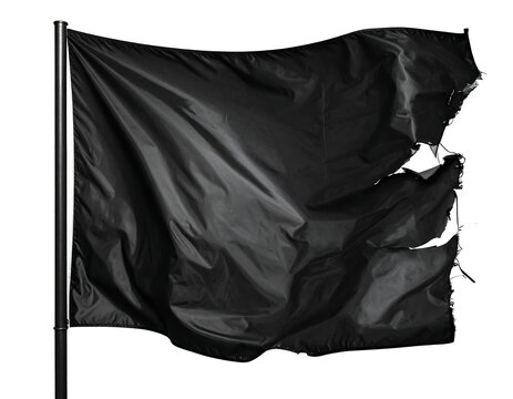 Black flag waving with tears against white background
