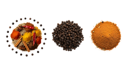 Black peppers , spices and red chillies png background showcasing colorful food ingredients and rich aromas