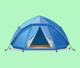 Professional blue dome tent for family camping and outdoor recreation activities on a green grass field background