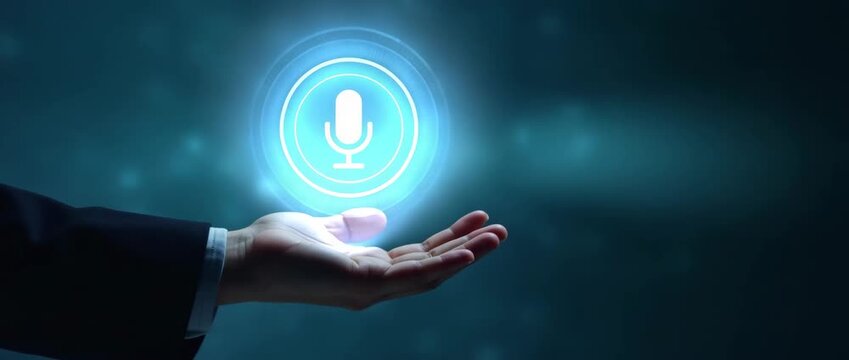 A hand elegantly presents a glowing microphone icon in a dimly lit space, with subtle ambient light flickering and a slow cinematic pan, embodying technology, innovation, and communication.
