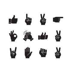 Hand Gesture Icon Set Silhouette Vector Collection of Thumbs Up, Peace Sign, OK, Clapping, and Pointing Finger Signs
