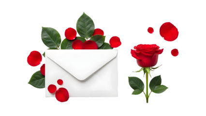 Romantic white envelope with red roses isolated on transparent background