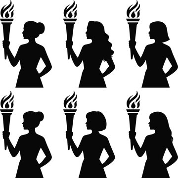 Silhouettes of diverse women holding flaming torches in a symbolic representation of unity and progress