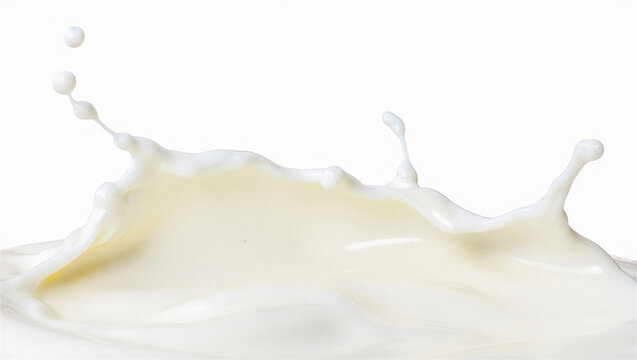 Splash of milk liquid on white background with droplets flying upwards and to the sides very dynamically