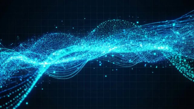 An abstract visualization of a glowing blue wave composed of countless small particles flowing dynamically across a dark grid. Represents data