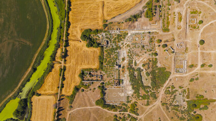 Balat, Turkey. Aerial view of the Capito Roman Baths and South Agora complex at Miletus archaeological site. Aerial View