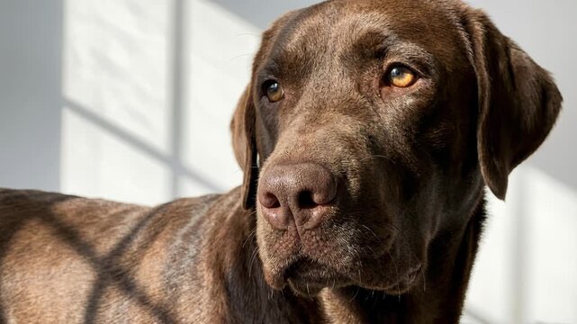 A wet chocolate Labrador Retriever dog looking to the side with golden eyes. Sunlight illuminates its fur, casting grid-like shadows from a window on