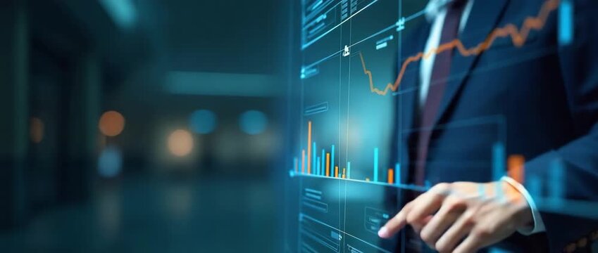 Business professional using a digital tablet with animated growth chart, as camera slowly pans; ambient light flickers in a modern office setting, creating a cinematic atmosphere.