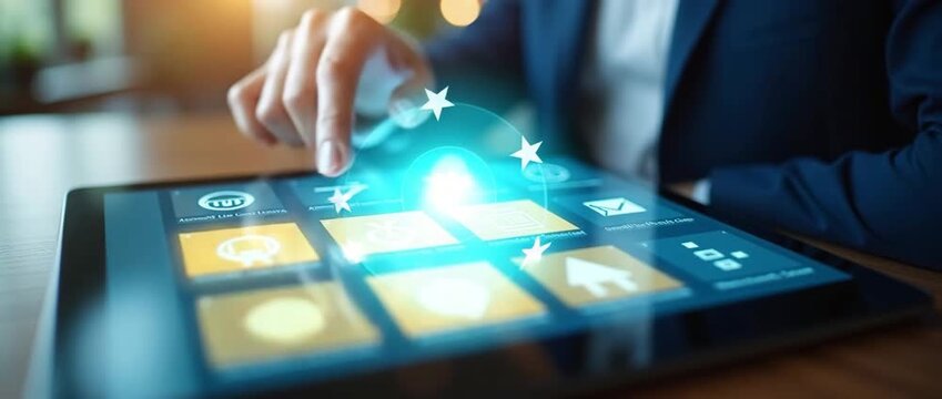 Business professional taps interactive digital tablet interface, icons glow dynamically; camera smoothly tracks right, ambient office lighting flickers softly, creating a cinematic tech ambiance.
