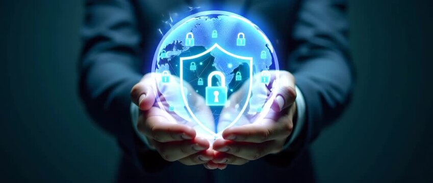 Business professional holds a glowing shield with digital security icons, as the camera slowly pans, highlighting the sleek, futuristic design in a cinematic style, ideal for cybersecurity themes.