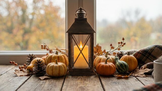 A cozy autumn scene featuring a window sill decorated with pumpkins gourds a lit candle lantern and fall leaves outside on a rainy day