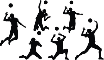 Volleyball girls silhouette vector collection, female players spiking and serving ball, active sport poses set isolated on white background for team design. © It's Majed Here