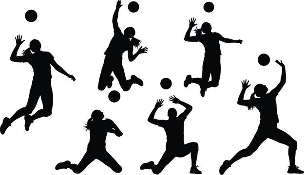 Volleyball girls silhouette vector collection, female players spiking and serving ball, active sport poses set isolated on white background for team design.