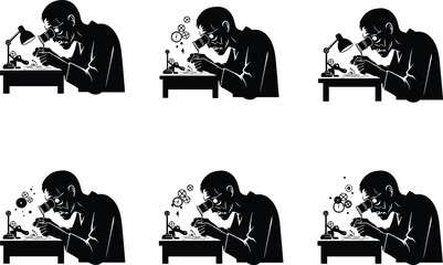 Watchmaker at work vector illustration, man repairing mechanical gears under lamp, precision craftsmanship, engineering, creative repair process, technology and invention concept