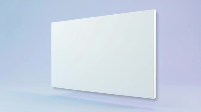 A clean minimalist white rectangle floats against a soft blue and purple gradient background. Studio lighting creates subtle shadows and reflections
