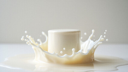 Glass of milk with a splash of liquid on a white surface and background still life