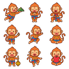 Naklejka premium Hindu deity Hanuman cute monkey character icons set in various poses