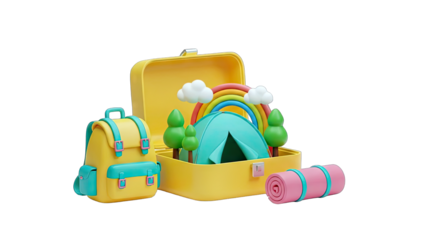Camping Gear Displayed in a Yellow Suitcase on White Background