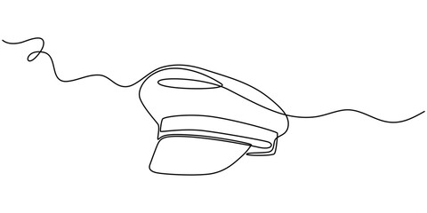 Captain sailor Hat one line drawing, one continuous line drawing of police hat, vector Illustration.