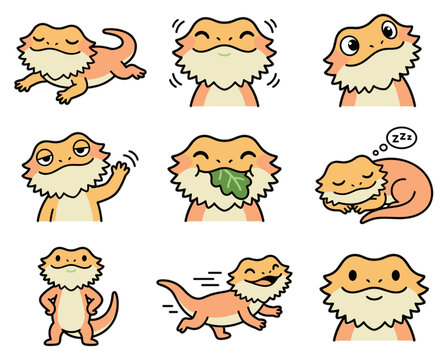 Bearded dragon cute lizard character icons set in various poses