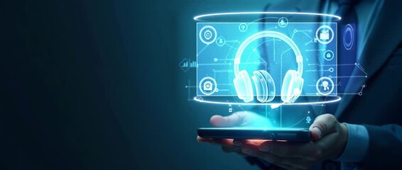 Business professional holding smartphone with holographic headset interface; cinematic slow pan revealing digital innovation and technology advancement; subtle ambient light motion. - Powered by Adobe