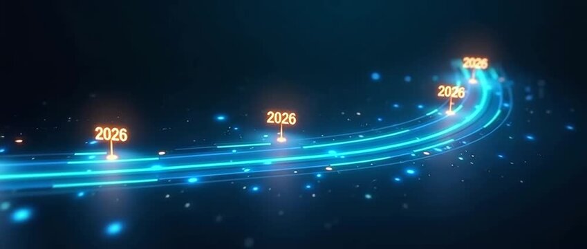 Futuristic timeline with glowing numbers progresses steadily, while a dynamic camera pans smoothly across a digital landscape, highlighting innovation and technology in a cinematic style.