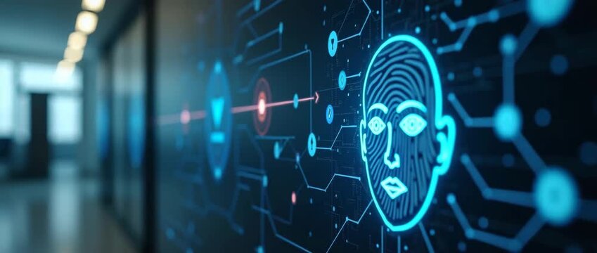 Futuristic digital face scanning technology with glowing neon lines animates on a dark screen, while the camera slowly pans to reveal a high-tech office environment in a cinematic style.