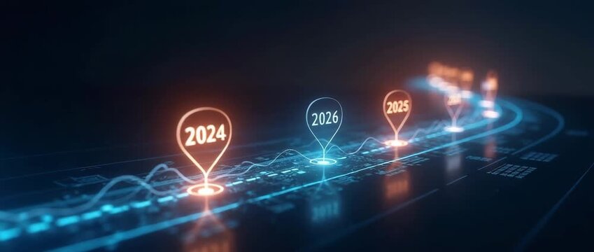 Dynamic timeline progression with glowing year markers advancing, camera gently panning along a futuristic digital landscape; cinematic, technology-driven visual narrative.