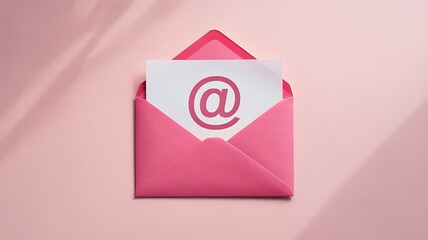 A minimalist flat lay photograph of an email symbol on a pink envelope against a soft pink background with subtle shadows
