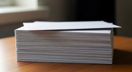 Neatly stacked pile of white paper sheets awaits use on a wooden surface