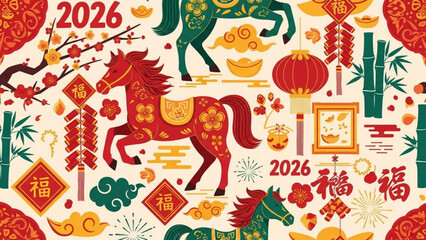 Obraz premium Vibrant 2026 year of the horse celebration graphic with red, gold, and green motifs, lanterns