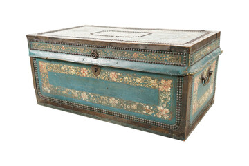 Old Ornate Wooden Chest Isolated. Vintage Storage Trunk with Teal and Gold Patina. PNG