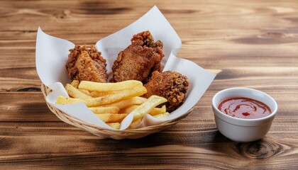 Delicious golden crispy fried chicken pieces and hot french fries served in a rustic wicker basket with a side of vibrant ketchup on a natural wooden surface, perfect for a quick and satisfying meal